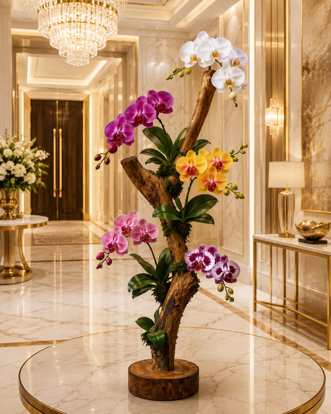 Suporte Artesanal em Madeira com Orquídeas à Sua Escolha